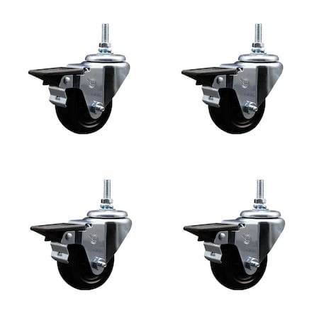 Service Caster 3 Inch Hard Rubber 12 MM Threaded Stem Caster Set with Brake SCC-TS20S314-HRS-PLB-M1215-4
